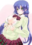  areolae bangs blue_hair blush bow bowtie breasts collared_shirt covered_nipples frapowa green_eyes large_breasts long_hair long_sleeves love_live! love_live!_school_idol_project no_bra open_clothes open_shirt otonokizaka_school_uniform parted_lips purple_hair school_uniform scrunchie shirt skirt solo striped striped_bow striped_neckwear sweater toujou_nozomi twintails 
