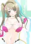  blush bra breasts brown_hair frapowa front-tie_bikini front-tie_top large_breasts long_hair looking_at_viewer love_live! love_live!_school_idol_project love_marginal minami_kotori open_bra parted_lips solo song_name underwear 