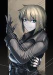  belt blonde_hair fingerless_gloves garrote gloves green_eyes hetza_(hellshock) jacket looking_at_viewer nagai_gojitsudan_no_nechronica pouch short_hair smile solo wire 