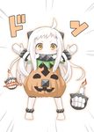  ahoge alternate_costume fujishima_shinnosuke halloween horns jack-o'-lantern kantai_collection long_hair looking_at_viewer mittens northern_ocean_hime outstretched_arms shinkaisei-kan spread_arms translated white_hair white_skin yellow_eyes 