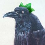  bad_pixiv_id beak bird black_feathers bow fumie_(mikan_to_mu_83) green_bow lowres no_humans photorealistic raven_(animal) reiuji_utsuho reiuji_utsuho_(bird) solo touhou traditional_media white_background 