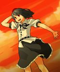  bad_id bad_pixiv_id black_hair blouse cloud cowboy_shot hand_in_hair hat looking_at_viewer looking_away neck_ribbon open_mouth outstretched_arm puffy_sleeves red_eyes ribbon shameimaru_aya short_hair skirt smile solo sunset suzuki_natsume tokin_hat touhou wind 