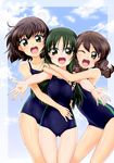  black_eyes brown_hair girl_sandwich green_eyes green_hair hug long_hair minashiro_tsubaki multiple_girls nishio_rina one-piece_swimsuit one_eye_closed sandwiched school_swimsuit short_hair soukyuu_no_fafner swimsuit tatekami_seri yakisoba_(kaz2113) 