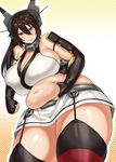  angry bare_shoulders belly_grab big_belly breasts brown_hair fat gigantic_breasts highres kantai_collection long_hair looking_at_viewer nagato_(kantai_collection) navel red_eyes solo synecdoche thick_thighs thighs weight_conscious 