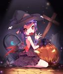  aoi_tsunami bad_id bad_pixiv_id bandages black_sclera blood bow braid candy crescent_moon cross demon_wings dress fangs food gloves glowing glowing_eyes hair_bow halloween hat highres jack-o'-lantern lollipop moon original purple_hair red_eyes seiza single_glove sitting solo stitches wings witch_hat 