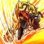  angry armor brown_hair kazuma_(scryed) male_focus matsushitakun_(matsunosasakure) open_mouth orange_armor power_fist punching red_eyes scryed shirt solo teeth wide-eyed yellow_background 