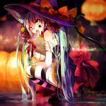  aka_tonbo_(lililil) animal_ears aqua_eyes aqua_hair bandages bell bow candy cat_ears cat_tail dress food hair_bell hair_ornament halloween hat hatsune_miku lollipop long_hair looking_at_viewer solo squatting striped striped_legwear tail tattoo thighhighs trick_or_treat twintails very_long_hair vocaloid witch_hat 