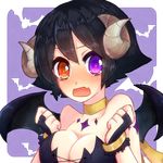  bare_shoulders black_gloves black_hair blush breasts bridal_gauntlets choker cleavage demon_girl embarrassed fang full-face_blush gloves halloween halloween_costume heterochromia large_breasts makoto_(street_fighter) mini_wings orange_eyes purple_eyes ri_yuka-shi ribbon_choker short_hair solo street_fighter tattoo 