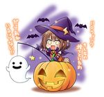  bat ghost halloween halloween_costume hat hat_ornament ikazuchi_(kantai_collection) jack-o'-lantern kadose_ara kantai_collection lightning_bolt lowres pumpkin solo translated witch_hat 