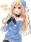  :d alternate_costume atago_(kantai_collection) bare_shoulders black_gloves black_legwear blonde_hair blue_eyes cowboy_shot fur_collar gloves hat heart highres kantai_collection legwear_under_shorts long_hair looking_at_viewer off-shoulder_sweater open_mouth pan-pa-ka-paaan! pantyhose ribbed_sweater shorts smile solo sweater white_background yamasuta 