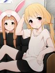  &gt;:) animal_hood bike_shorts blonde_hair brown_hair bunny_hood cosplay couch futaba_anzu hood ichihara_nina idolmaster idolmaster_cinderella_girls kigurumi long_hair looking_at_viewer multiple_girls ratsuku_kinoko red_eyes shirt smile t-shirt twintails v-shaped_eyebrows yellow_eyes 