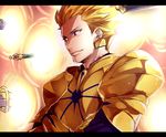  armor blonde_hair earrings fate/zero fate_(series) gate_of_babylon gilgamesh hair_slicked_back jewelry male_focus nakagawa_waka red_eyes solo 