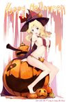 absurdres barefoot bikini blonde_hair blue_eyes blush breasts cape commentary english engrish girls_und_panzer halloween happy_halloween hat highres hijack huge_breasts jack-o'-lantern kay_(girls_und_panzer) long_hair looking_at_viewer open_mouth pumpkin ranguage sitting smile solo swimsuit witch_hat 