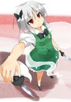  bad_id bad_pixiv_id blouse bow bowtie butterfly_hair_ornament dual_wielding expressionless foreshortening from_above full_body glint grey_hair hair_ornament hand_on_hilt hitodama holding katana konpaku_youmu konpaku_youmu_(ghost) looking_up red_eyes shoes short_hair skirt skirt_set socks suzuki_natsume sword touhou vest weapon 
