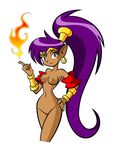  1girl areolae blue_eyes breasts dark_skin earrings fire jewelry medium_breasts navel nipples nude nude_filter photoshop ponytail purple_hair pussy shantae shantae:_risky&#039;s_revenge shantae_(character) smile solo very_long_hair 