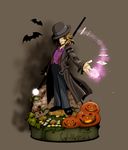  1boy bat bowler_hat brown_hair card gambit glowing halloween hat hat_over_one_eye jack-o&#039;-lantern jack-o'-lantern male male_focus marvel red_eyes solo staff stand trench_coat x-men 