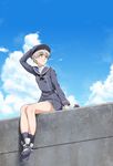  animal blue_eyes blue_sky blush clothes_writing cloud crab crossed_ankles day hand_on_headwear hat highres kantai_collection long_sleeves military military_uniform neckerchief nigou outdoors sailor_collar sailor_hat short_hair silver_hair sitting sky smile solo uniform z1_leberecht_maass_(kantai_collection) 