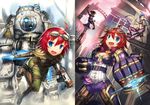  :d ahoge akuko_(arc) atlas_(titanfall) blue_hair blush caitlyn_(league_of_legends) collage cosplay fang gauntlets gia goggles goggles_on_head gun hat jinx_(league_of_legends) league_of_legends long_hair mecha multiple_girls open_mouth original red_eyes red_hair rifle smile submachine_gun titanfall v-shaped_eyebrows very_long_hair vi_(league_of_legends) vi_(league_of_legends)_(cosplay) weapon 