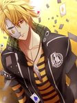  amnesia_(idea_factory) berta_(artist) blonde_hair brown_eyes card expressionless feathers half_mask jacket jewelry male_focus mask necklace playing_card shirt solo striped striped_shirt toma_(amnesia) yellow_background 