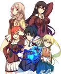  4girls andou_jurai black_hair blonde_hair braid fire flame hair_ornament hair_over_shoulder hairclip himeki_chifuyu inou-battle_wa_nichijou-kei_no_naka_de kanzaki_tomoyo kushikawa_hatoko long_hair multiple_girls necktie red_hair school_uniform short_hair silver_hair smile stuffed_animal stuffed_toy takanashi_sayumi twintails yuunagi_(seventh_heaven) 