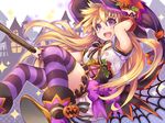  :d blonde_hair bloomers blush breasts halftone halftone_background halloween hand_on_headwear hat jack-o'-lantern kobanzame long_hair medium_breasts open_mouth original purple_eyes purple_legwear silk smile solo sparkle spider_web striped striped_legwear thighhighs underwear witch_hat wrist_cuffs 