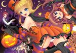  3girls :d animal_ears beatrice black_gloves black_hair blonde_hair blue_eyes breasts brown_hair cape closed_eyes crescent_moon dress facial_hair fang garter_straps gloves halloween hat jack-o'-lantern large_breasts monocle moon multiple_boys multiple_girls mustache open_mouth panties pantyshot red_hair ronove sakutarou silk silver_hair smile spider_web star striped striped_legwear stuffed_animal stuffed_lion stuffed_toy tail thighhighs top_hat umineko_no_naku_koro_ni underwear ushiromiya_battler ushiromiya_maria virgilia wand white_gloves white_panties witch_hat wolf_ears wolf_tail youshuu 