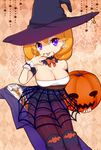  bad_id bad_pixiv_id bat blonde_hair boots bow bowtie breasts cleavage formal halloween hat jack-o'-lantern large_breasts looking_at_viewer mikeseneko nail_polish necktie original pantyhose purple_eyes silk skirt solo spider_web star suit tongue witch witch_hat 