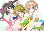  ;q \m/ areola_slip areolae black_hair blush breasts cheerleader double_\m/ flat_chest frapowa girl_sandwich hoshizora_rin koizumi_hanayo looking_at_viewer love_live! love_live!_school_idol_project multiple_girls nico_nico_nii one_eye_closed sandwiched short_hair smile takaramonozu tongue tongue_out yazawa_nico 