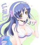  bikini blue_hair blush breasts character_name cleavage frapowa heart large_breasts long_hair looking_at_viewer love_live! love_live!_school_idol_project natsuiro_egao_de_1_2_jump! smile solo sonoda_umi swimsuit yellow_eyes 