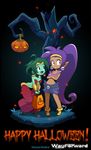  2girl 2girls breasts cleavage dark_skin earrings genie green_hair green_skin hairband halloween headband hoop_earrings jewelry monster_girl multiple_girls official_art ponytail purple_hair rottytops shantae shantae_(character) shantae_(series) short_hair zombie 