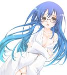  bespectacled blue_hair blush breasts crossed_arms frapowa glasses gradient_hair labcoat long_hair looking_at_viewer love_live! love_live!_school_idol_project medium_breasts multicolored_hair naked_labcoat naked_shirt shirt simple_background solo sonoda_umi very_long_hair white_background yellow_eyes 