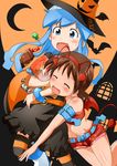  blue_eyes blue_hair demon_horns demon_tail dress ei_(ss4) halloween halloween_costume hat highres horns ikamusume long_hair multiple_girls nagatsuki_sanae open_mouth shinryaku!_ikamusume short_hair tail tentacle_hair tentacles thighhighs witch_hat 