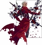  archer blood blood_in_mouth fate/stay_night fate_(series) flower impaled kuroihato male_focus polearm rose solo spear sword transparent_background weapon white_hair 