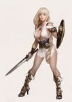  blonde_hair breasts cleavage earrings full_body gladiator_sandals jewelry kim_bum large_breasts long_hair looking_at_viewer sandals shield solo sophitia_alexandra soul_calibur soulcalibur_iv standing sword weapon 