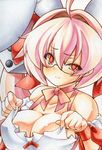  ahoge animal_ears bespectacled blush breasts bunny_ears choker cleavage di_gi_charat fake_animal_ears glasses grin hair_ornament hair_ribbon holding_clothes large_breasts marker_(medium) millipen_(medium) pink_hair red_eyes ribbon ribbon_choker simple_background slit_pupils smile solo traditional_media uneven_eyes upper_body usada_hikaru white_background yutakasan-love 