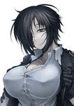  black_hair breasts buttons cleavage collared_shirt dress_shirt gloves green_eyes hair_over_one_eye hetza_(hellshock) jacket large_breasts messy_hair nagai_gojitsudan_no_nechronica neles_(hetza) open_clothes open_jacket scar shirt short_hair simple_background solo white_background 