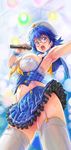  armpits blue_eyes blue_hair blush breasts cowboy_shot from_below garter_straps glasses hat highres huge_breasts idol kiyama_satoshi microphone navel open_mouth outstretched_arm red-framed_eyewear skirt solo stage_lights sunshine_creation sweat thighhighs white_legwear 