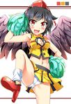  :d alternate_costume arm_up armpits bare_shoulders black_hair blush cameltoe cheerleader cleavage_cutout crop_top e.o. feathered_wings hand_on_hip hat high_heels highres leg_up looking_at_viewer midriff miniskirt naughty_face open_mouth panties pleated_skirt pom_poms pov red_eyes shameimaru_aya shirt short_hair skirt smile solo spread_legs standing standing_on_one_leg tokin_hat touhou underwear v-shaped_eyebrows white_panties wings yellow_shirt yellow_skirt 