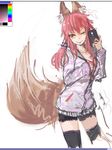  ;p animal_ears black_legwear breasts casual cellphone cleavage fate/extra fate_(series) fox_ears fox_tail hood hood_down hoodie long_hair medium_breasts one_eye_closed panties_(pantsu-pirate) phone pink_hair shorts sketch solo striped tail tamamo_(fate)_(all) tamamo_no_mae_(fate) thighhighs tongue tongue_out yellow_eyes 