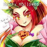  2014 :q akira_b bare_shoulders between_breasts breasts character_name cleavage dated eyebrows halloween jack-o'-lantern large_breasts league_of_legends long_hair looking_at_viewer lowres red_hair simple_background solo tongue tongue_out trick_or_treat white_background yellow_eyes zyra 