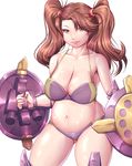  bare_shoulders bikini breasts brown_eyes brown_hair gundam gundam_build_fighters gundam_build_fighters_try harihisa highres large_breasts plump sagging_breasts sazaki_kaoruko shield simple_background solo swimsuit thighs white_background 