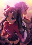  black_hair blue_eyes fate/stay_night fate_(series) fukuda_shuushi hair_ribbon highres matou_sakura multiple_girls purple_eyes purple_hair ribbon siblings sisters toosaka_rin two_side_up 