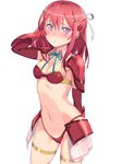  adjusting_hair armor bikini_armor blush cameltoe gloves hair_ornament hair_ribbon hairclip highres inou-battle_wa_nichijou-kei_no_naka_de kanzaki_tomoyo long_hair looking_at_viewer michairu navel panties purple_eyes red_gloves red_hair ribbon solo star star_hair_ornament underwear white_background 