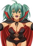  1girl breasts cleavage dark_skin fangs female green_eyes green_hair halloween ikkitousen large_breasts long_hair looking_at_viewer navel official_art ryofu_housen shorts simple_background smile solo standing twintails white_background 