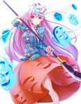  bad_id bad_pixiv_id blush bubble_skirt dabadhi fox_mask hannya hata_no_kokoro highres long_hair long_sleeves looking_at_viewer mask naginata noh_mask oni_mask pink_eyes pink_hair plaid plaid_shirt polearm shirt simple_background skirt solo touhou very_long_hair weapon white_background 