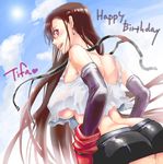  1girl ass back breasts brown_hair character_name earrings elbow_gloves erect_nipples final_fantasy final_fantasy_vii gloves happy_birthday huge_breasts jewelry long_hair red_eyes solo tifa_lockhart torimeiro underboob very_long_hair 