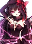  1girl akuma bare_shoulders black_hair breasts gloves hair_ribbon homura medium_breasts red_eyes ribbon solo tagme 