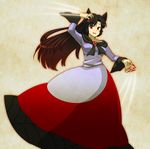  animal_ears bad_id bad_pixiv_id black_hair brooch brown_hair dress fingernails gradient_hair imaizumi_kagerou jewelry long_fingernails long_hair long_sleeves motion_lines multicolored_hair open_mouth red_eyes simple_background solo standing suzuki_natsume touhou wolf_ears 