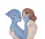  alien asari asymmetrical_docking bald blue_skin bluescreen_queen breast_press breasts closed_eyes commander_shepard commander_shepard_(female) couple freckles hug interspecies liara_t'soni mass_effect multiple_girls noses_touching nude red_hair short_hair yuri 