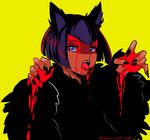  animal_ears bad_id bad_tumblr_id bangs black_hair blood blood_on_face blue_eyes bob_cut cat_ears d-ryuu dark_skin eliza_(skullgirls) fang fur_coat halloween kemonomimi_mode lips open_mouth short_hair skullgirls solo tongue yellow_background 